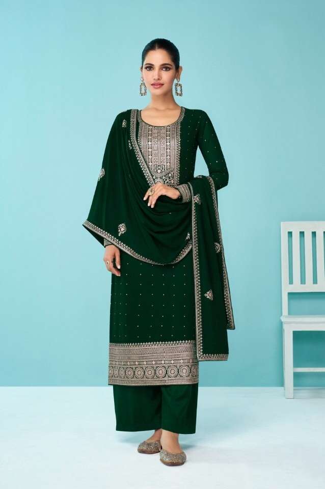 GREEN DESIGNER FANCY PARTY WEAR FAUX GEORGETTE STRAIGHT SALWAR SUIT JG AASHIRWAD 9338C