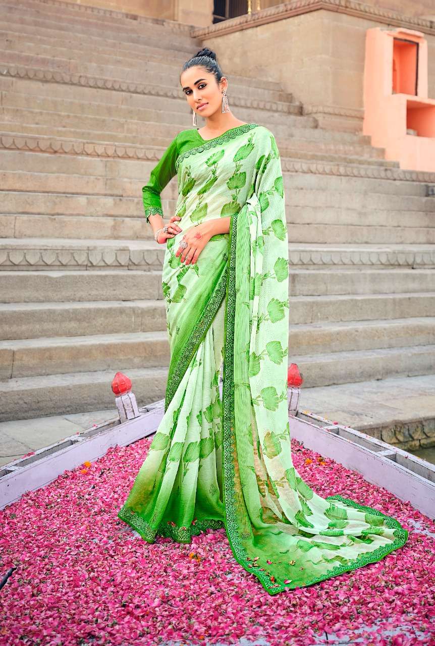 GREEN DESIGNER WEDDING PARTY FUNCTION WEAR CHIFFON SAREE EXCLUSIVE COLLECTION PC FLORAL3