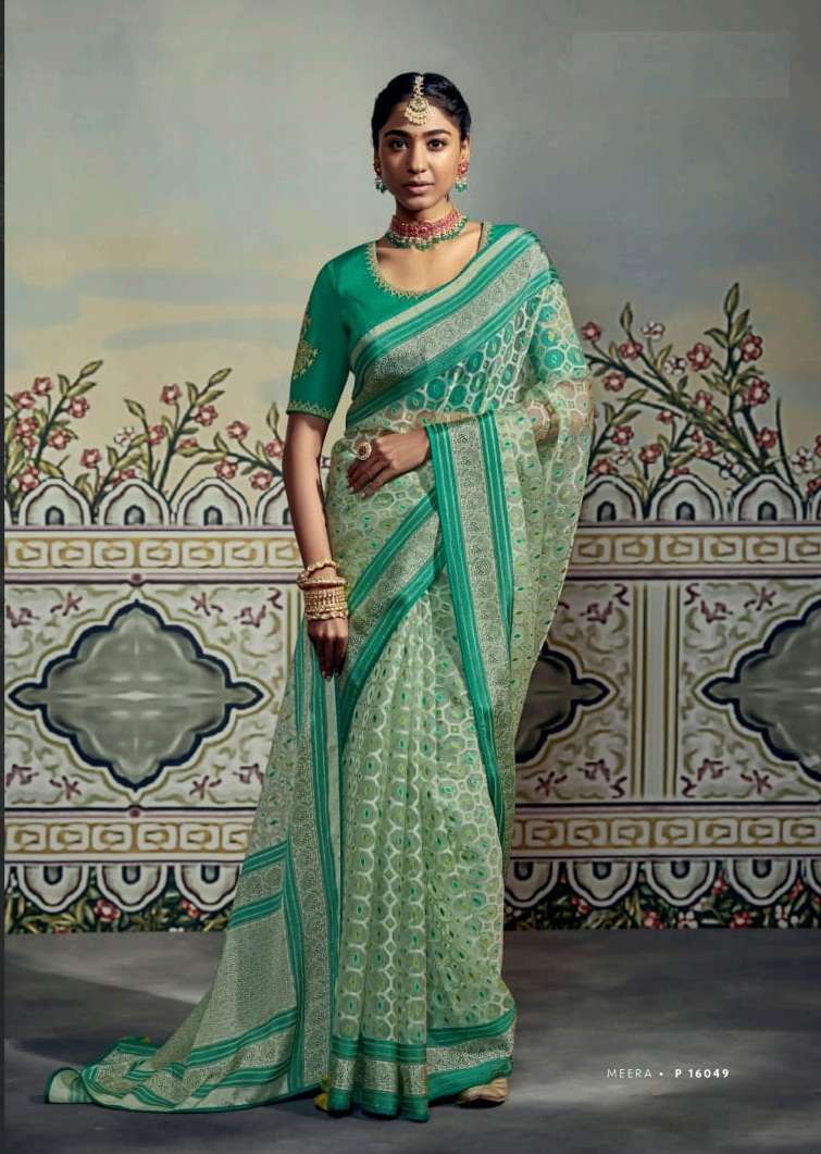 GREEN DESIGNER WEDDING PARTY WEAR FANCY BRASSO SAREE COLLECTION SM KIMORA MEERA 16049