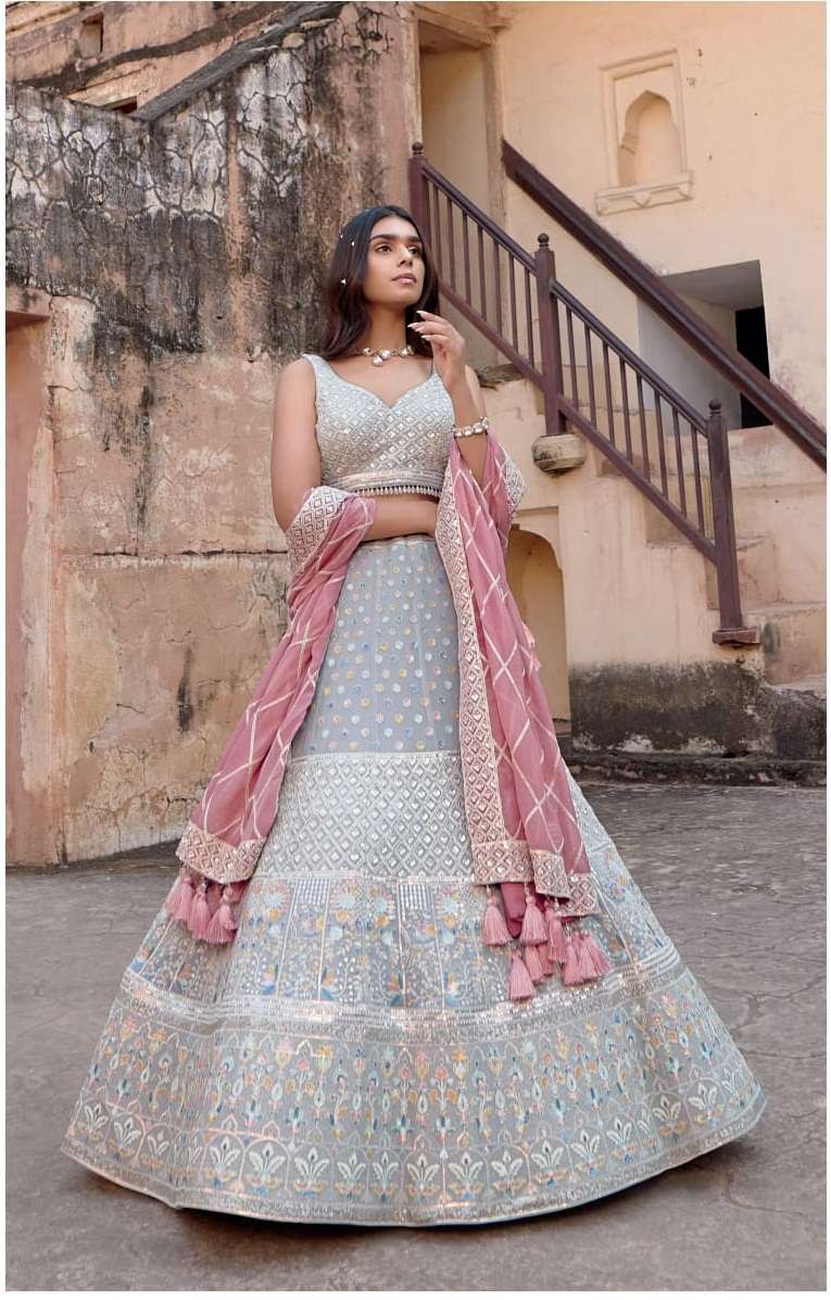 GREY BEST DESIGNER BRIDAL WEDDING PARTY WEAR HEAVY PURE GEORGETTE LEHENGA CHOLI NAVKAR C13