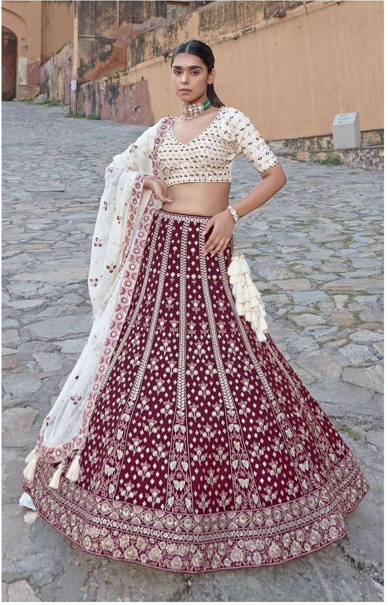 MAROON BEST DESIGNER BRIDAL WEDDING PARTY WEAR HEAVY PURE GEORGETTE LEHENGA CHOLI NAVKAR C22