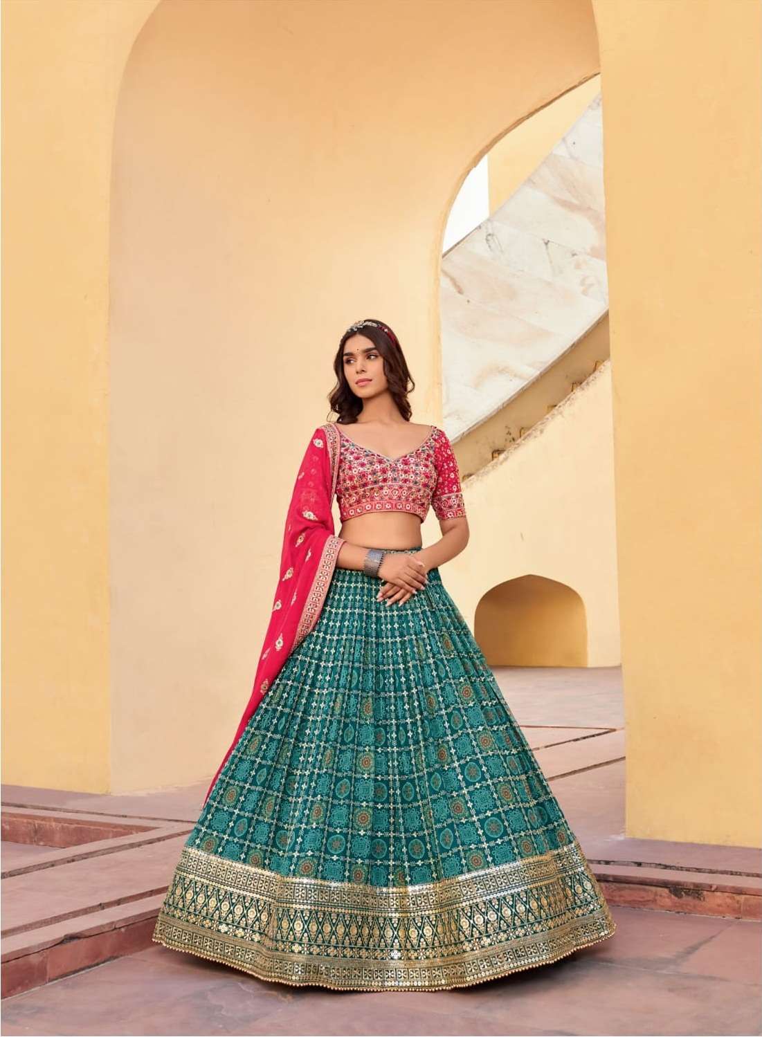 MAROON BEST DESIGNER GREEN BRIDAL WEDDING PARTY WEAR HEAVY PURE GEORGETTE LEHENGA CHOLI NAVKAR 01