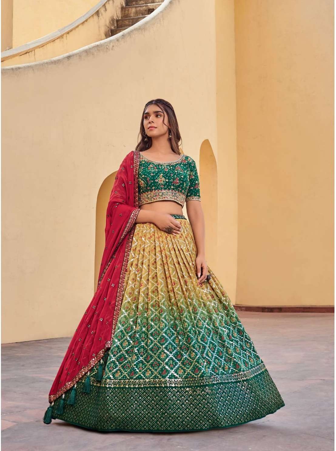 MAROON BEST DESIGNER YELLOW GREEN BRIDAL WEDDING PARTY WEAR HEAVY PURE GEORGETTE LEHENGA CHOLI NAVKAR 08