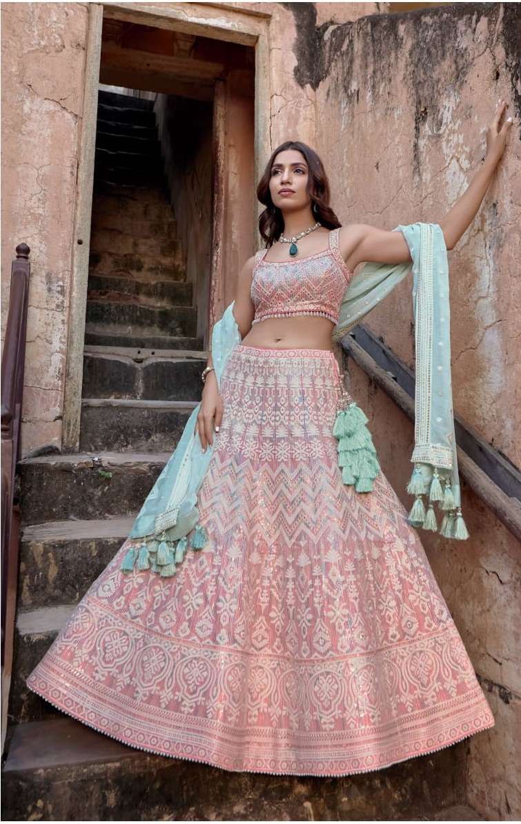 PINK BEST DESIGNER BRIDAL WEDDING PARTY WEAR HEAVY PURE GEORGETTE LEHENGA CHOLI NAVKAR C15