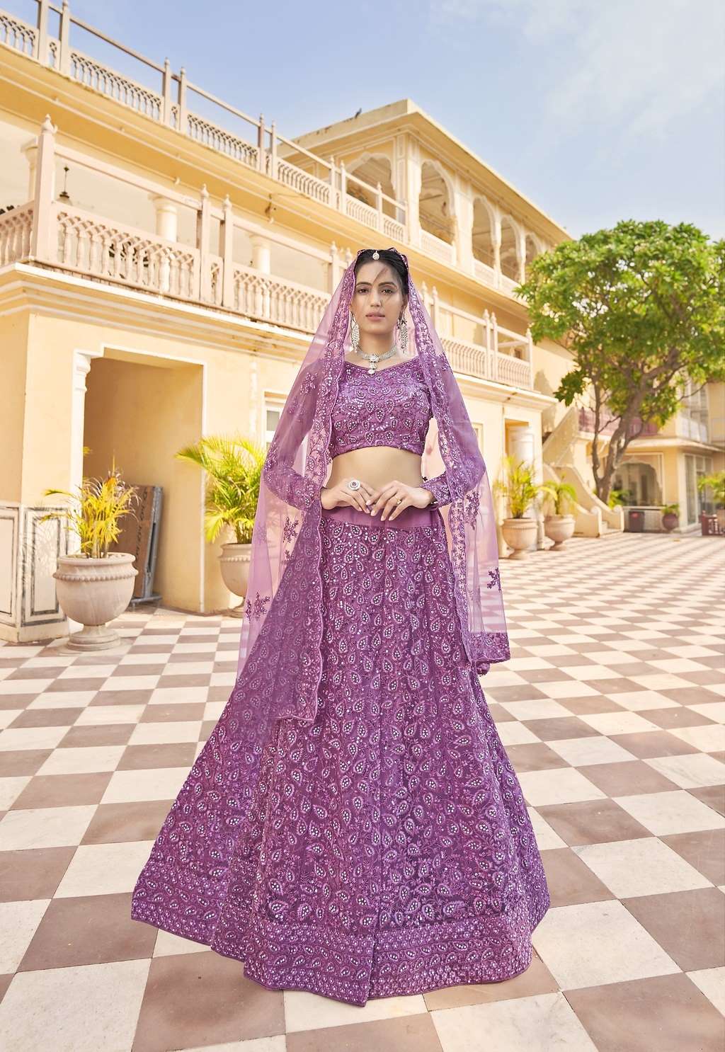 PREMIUM PINK DESIGNER FANCY WEDDING PARTY WEAR EXCLUSIVE HEAVY NET LEHENGA CHOLI VIWAH FASHION SENHORA DRESSES 2084B