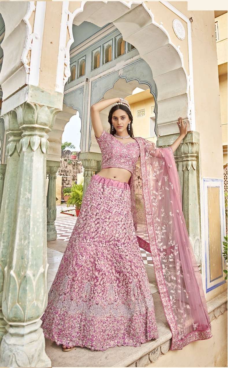 PREMIUM PINK DESIGNER FANCY WEDDING PARTY WEAR EXCLUSIVE HEAVY NET LEHENGA CHOLI VIWAH FASHION SENHORA DRESSES 2085D