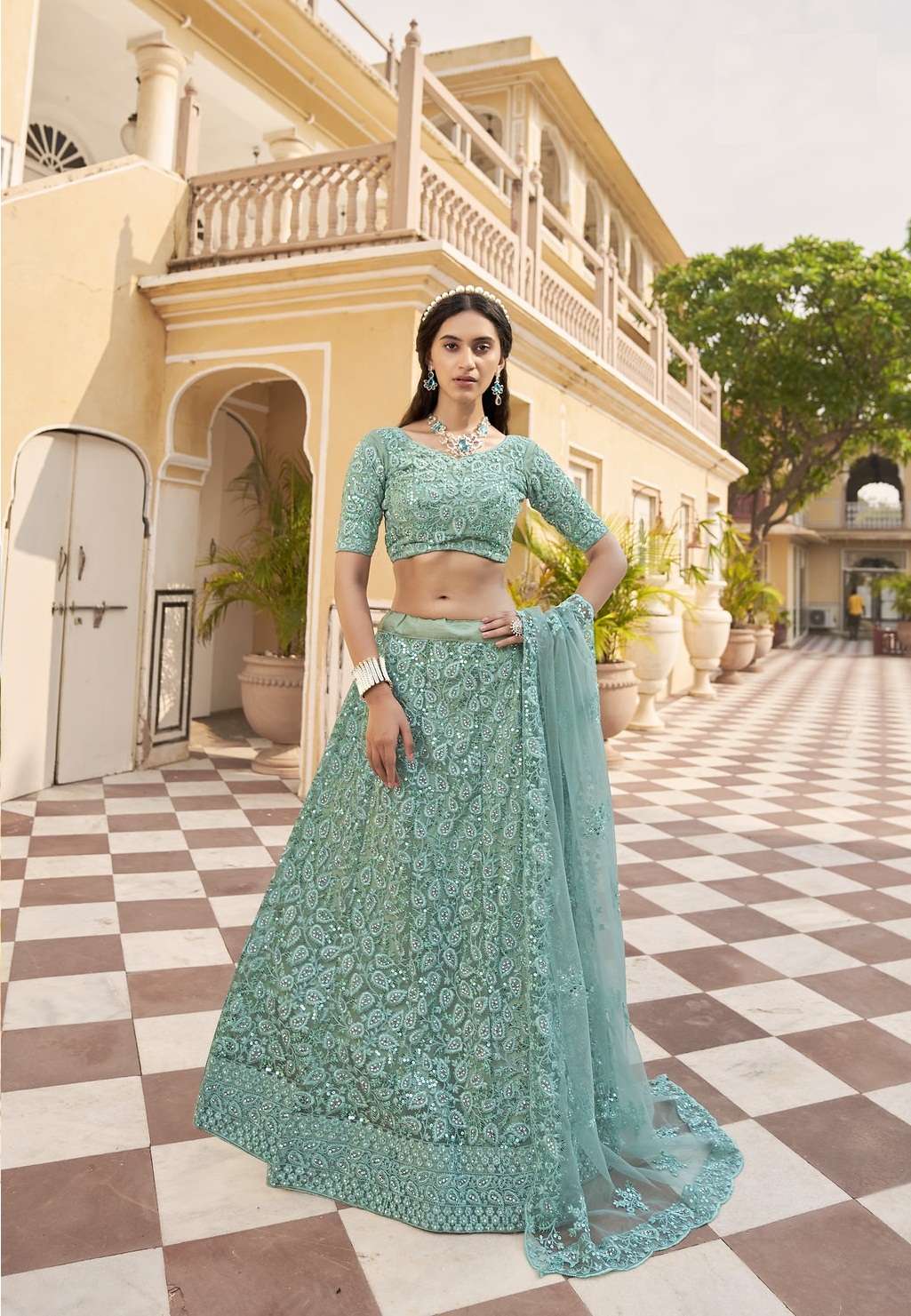 PREMIUM SEA GREEN DESIGNER FANCY WEDDING PARTY WEAR EXCLUSIVE HEAVY NET LEHENGA CHOLI VIWAH FASHION SENHORA DRESSES 2084C