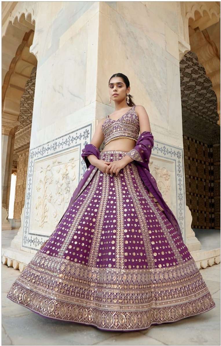 PURPLE BEST DESIGNER BRIDAL WEDDING PARTY WEAR HEAVY PURE GEORGETTE LEHENGA CHOLI NAVKAR C21