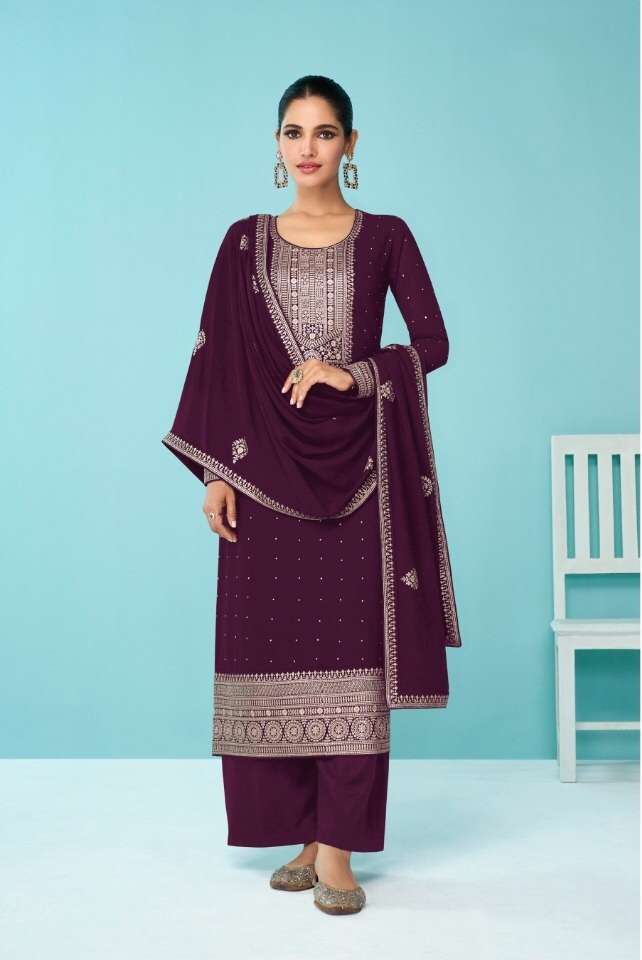 PURPLE DESIGNER FANCY PARTY WEAR FAUX GEORGETTE STRAIGHT SALWAR SUIT JG AASHIRWAD 9338D