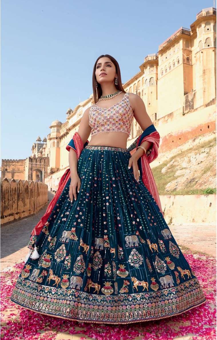 RAMA COLOR BEST DESIGNER BRIDAL WEDDING PARTY WEAR HEAVY PURE GEORGETTE LEHENGA CHOLI NAVKAR C11