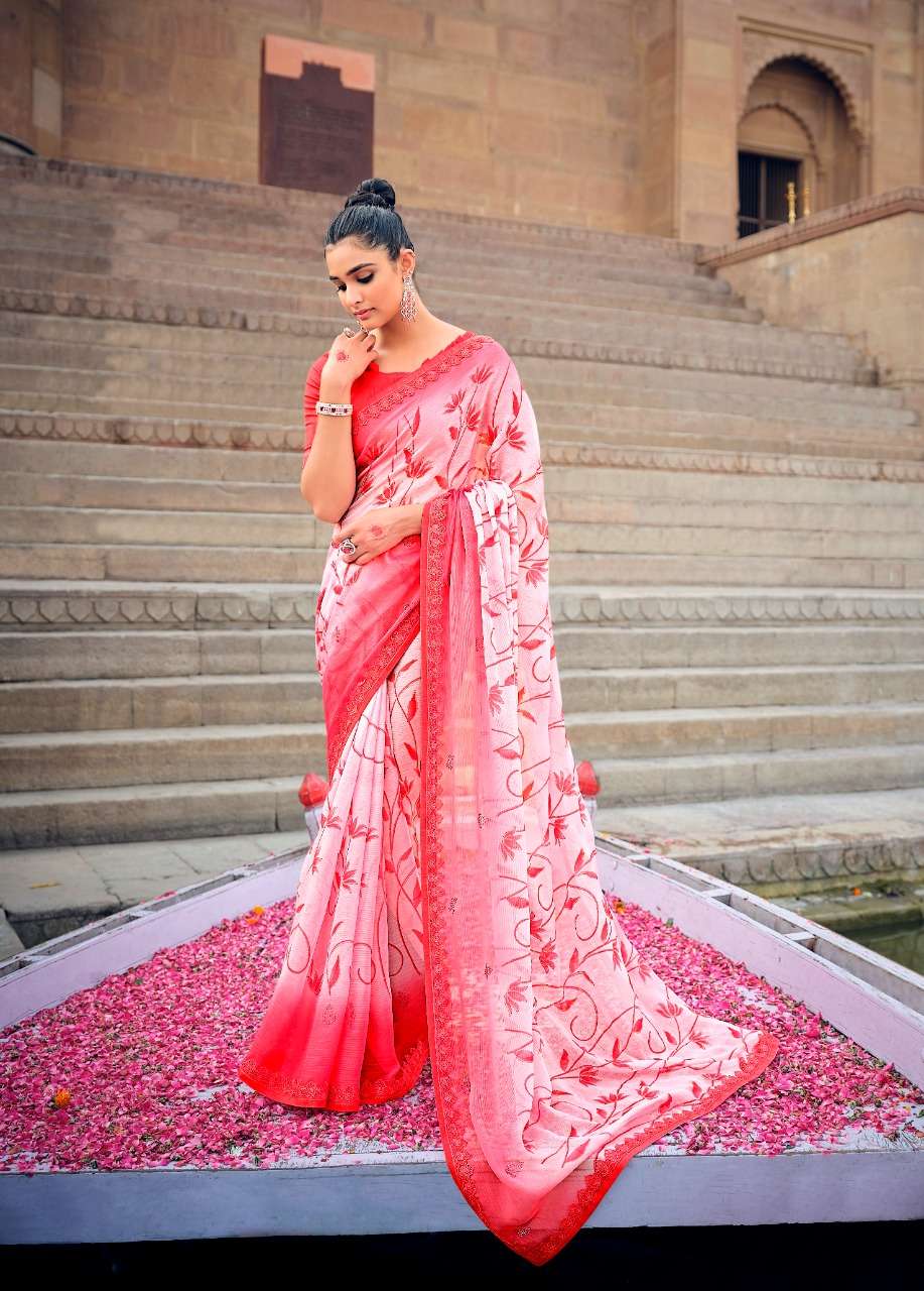 RED DESIGNER WEDDING PARTY FUNCTION WEAR CHIFFON SAREE EXCLUSIVE COLLECTION PC FLORAL7