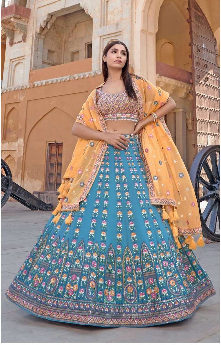 SKY BLUE BEST DESIGNER BRIDAL WEDDING PARTY WEAR HEAVY PURE GEORGETTE LEHENGA CHOLI NAVKAR C19