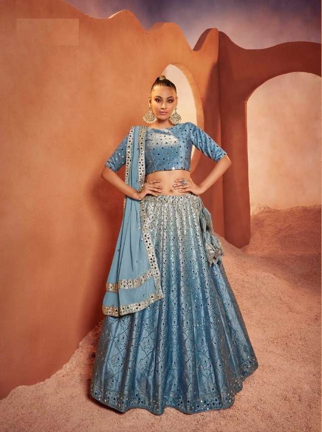 TRENDY DESIGNER FANCY WEDDING PARTY WEAR HEAVY BLUE VELVET LEHENGA CHOLI KF BRIDESMAID 2281