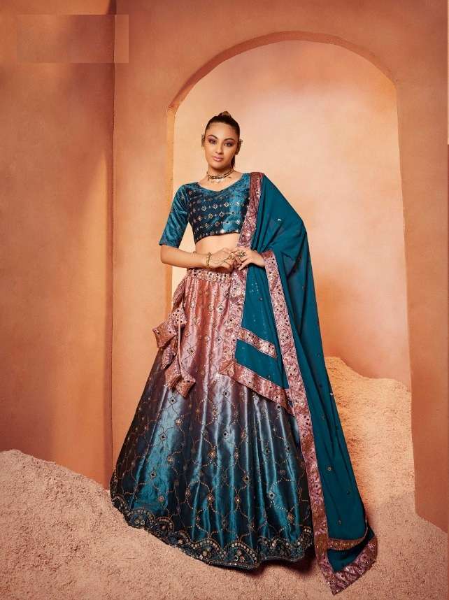 TRENDY DESIGNER FANCY WEDDING PARTY WEAR HEAVY BLUE VELVET LEHENGA CHOLI KF BRIDESMAID 2283