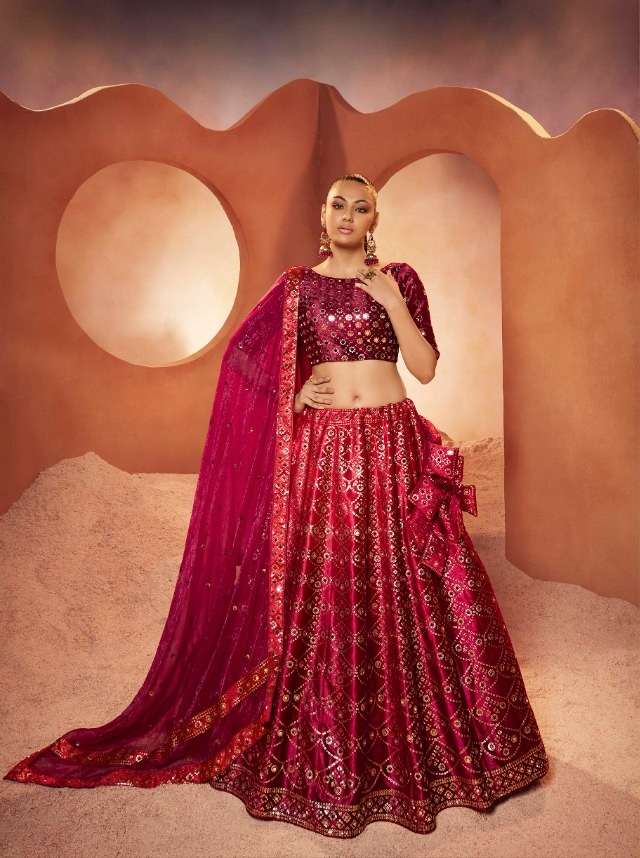 TRENDY DESIGNER FANCY WEDDING PARTY WEAR HEAVY PINK VELVET LEHENGA CHOLI KF BRIDESMAID 2282