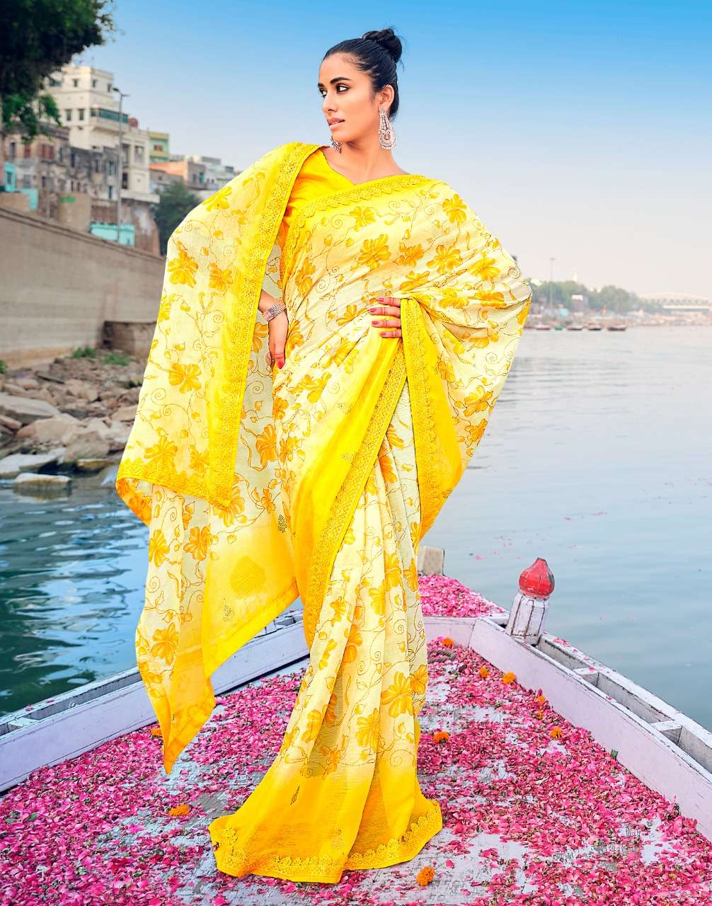 YELLOW DESIGNER WEDDING PARTY FUNCTION WEAR CHIFFON SAREE EXCLUSIVE COLLECTION PC FLORAL8