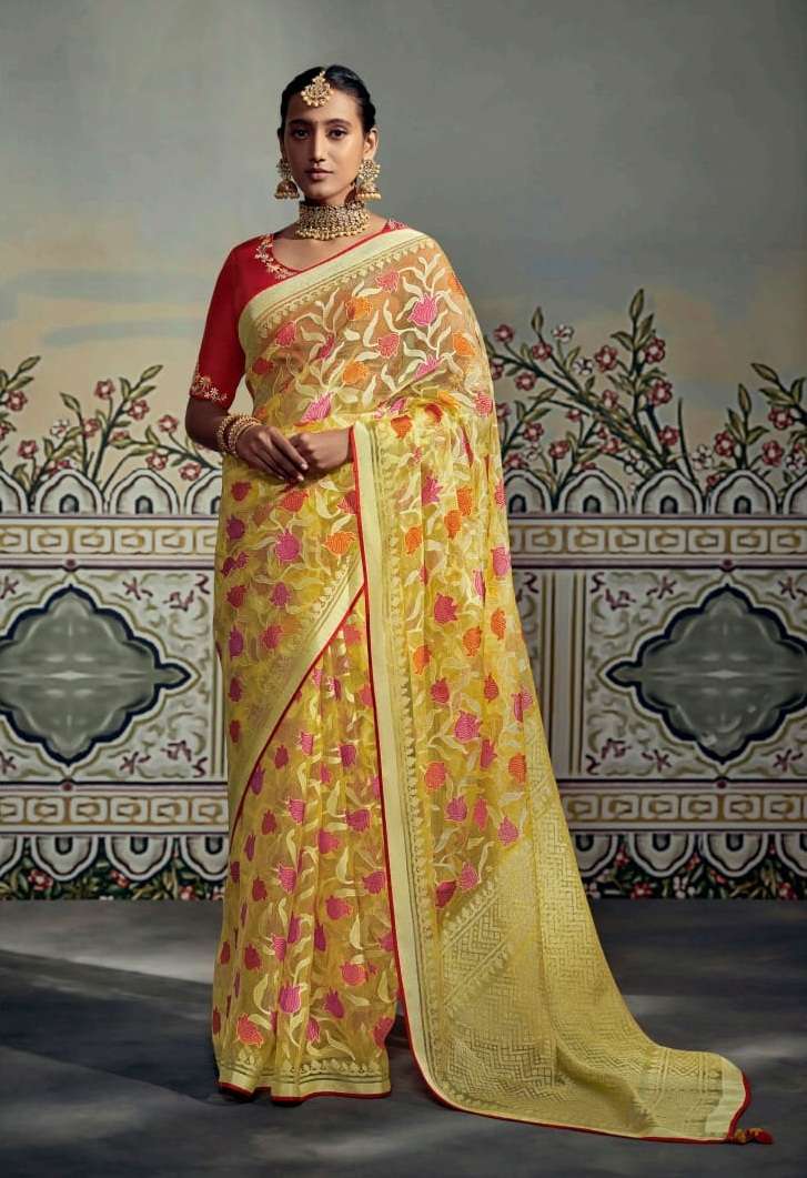 YELLOW DESIGNER WEDDING PARTY WEAR FANCY BRASSO SAREE COLLECTION SM KIMORA MEERA 16044