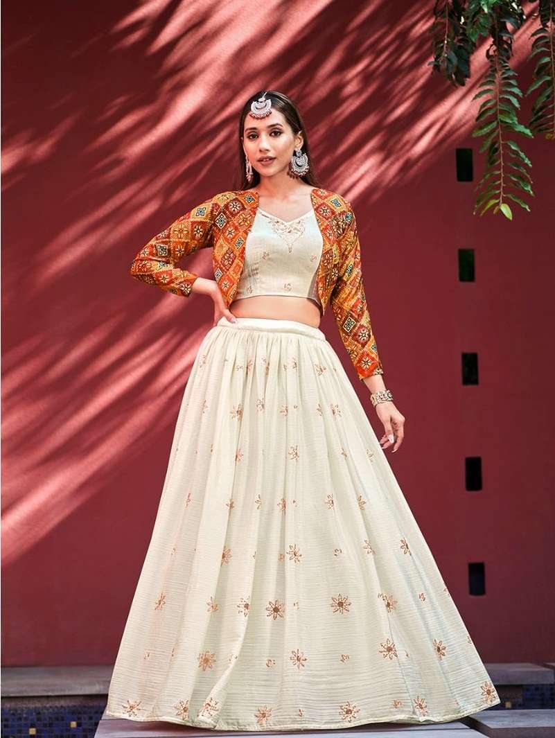 BEIGE DESIGNER FANCY WESTERN WEAR CROP TOP KOTI BLOUSE LEHENGA STYLE EXCLUSIVE COLLECTION SHIVALI KF GIRLY 2241