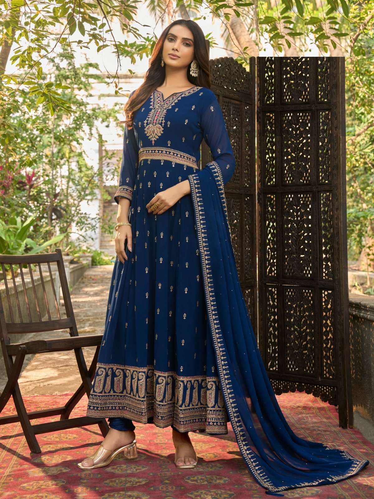 CELEBRITY STYLE DESIGNER ANARKALI PARTY WEAR BLUE SALWAR KAMEEZ DRESS IN HEAVY FAUX GEORGETTE SABAH ZAINA 1023