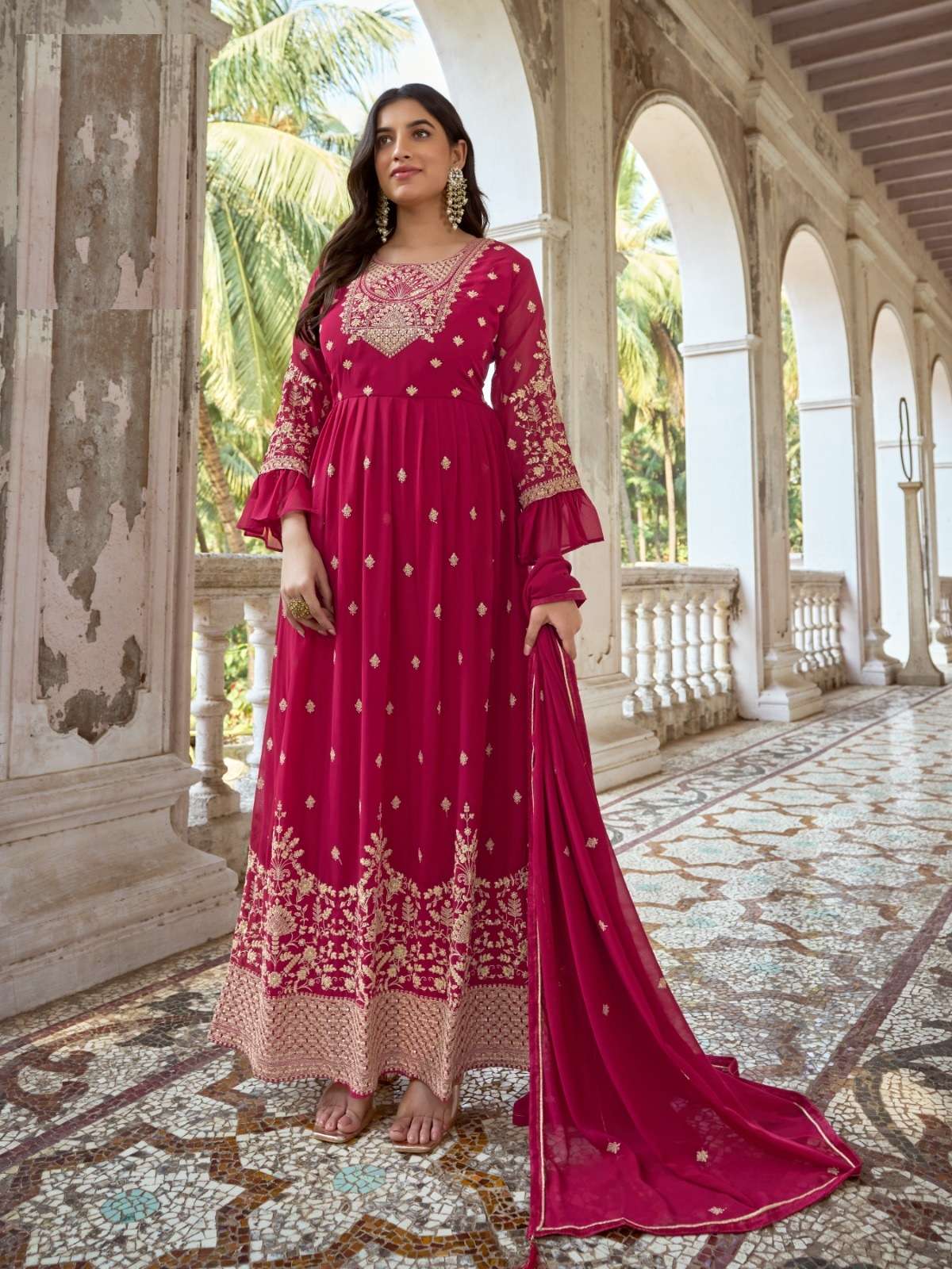 CELEBRITY STYLE DESIGNER ANARKALI PARTY WEAR RANI PINK SALWAR KAMEEZ DRESS IN HEAVY FAUX GEORGETTE SABAH ZAINA 1022