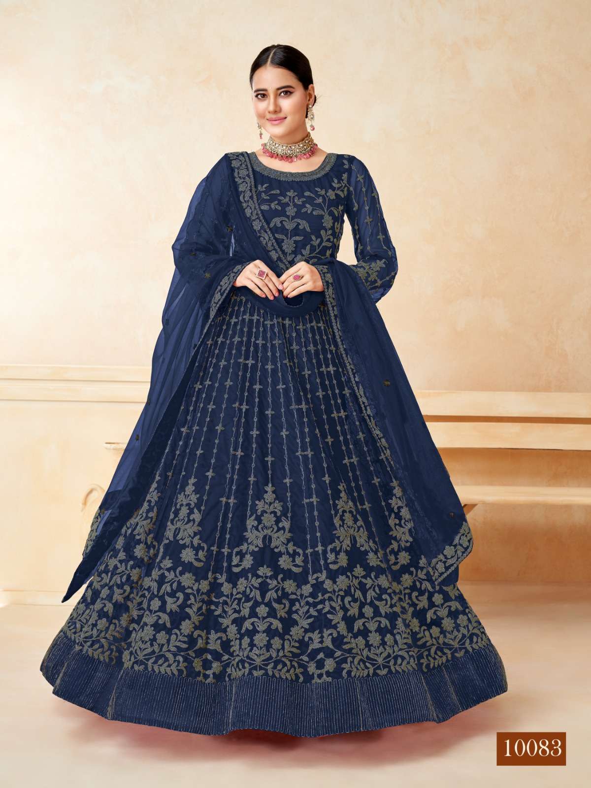 DESIGNER BLUE ANARKALI GOWN SALWAR SUIT FOR WEDDING PARTY WEAR IN NET FABRIC ANY ANJUBAA 10083