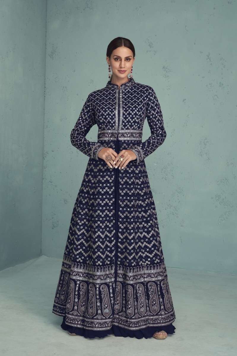 DESIGNER BLUE ANARKALI GOWN SALWAR SUIT FOR WEDDING PARTY WEAR IN FAUX GEORGETTE FABRIC JG FLOSSY 774E