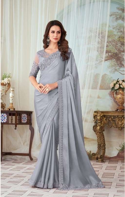 DESIGNER FANCY GREY WEDDING PARTY WEAR DESIGNER GEORGETTE SILK FABRIC SAREE TFH 27003F