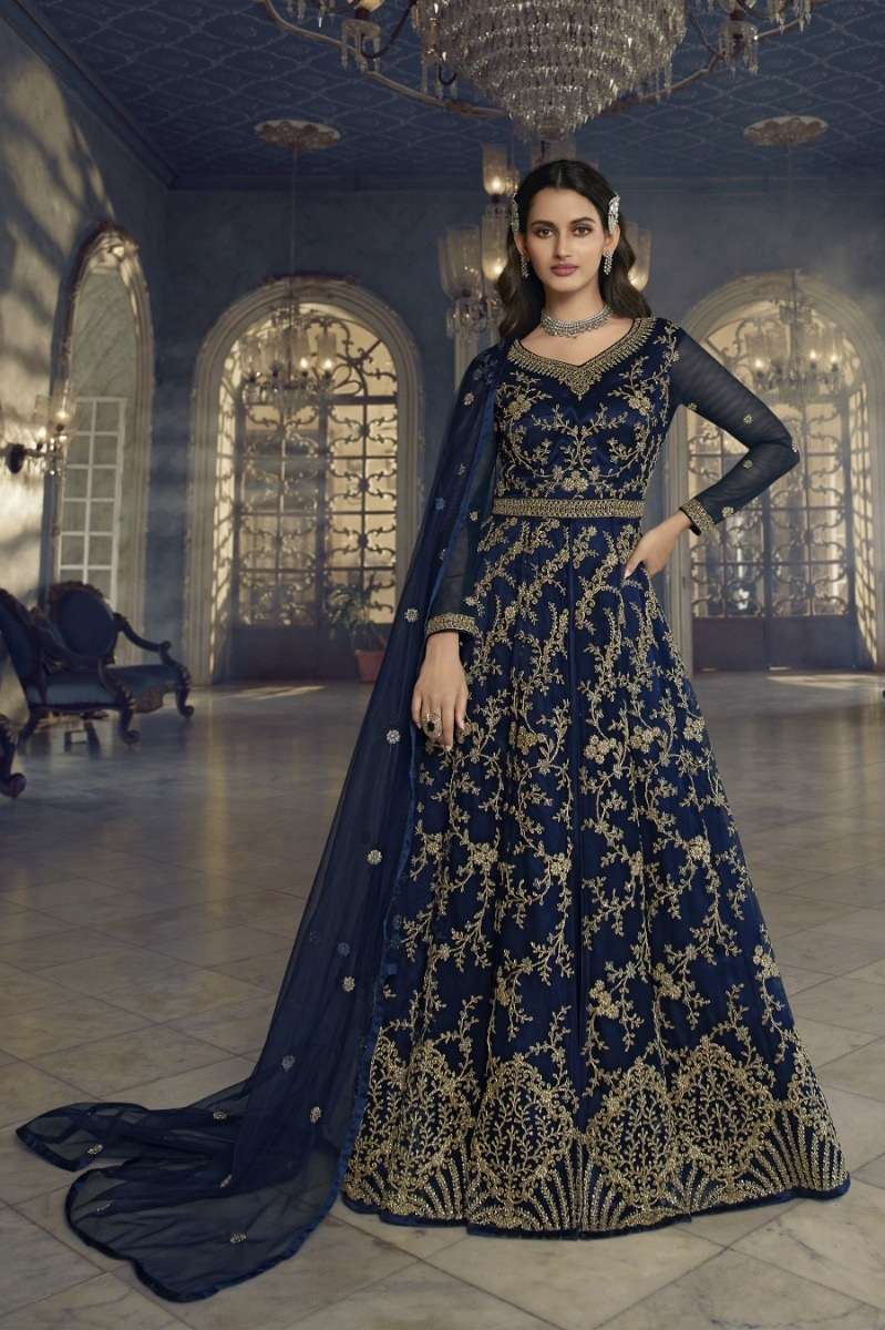 DESIGNER FANCY LONG BLUE ANARKALI GOWN SALWAR SUIT FOR WEDDING PARTY WEAR IN BUTTERFLY NET FABRIC KTH SWAGAT 5407A