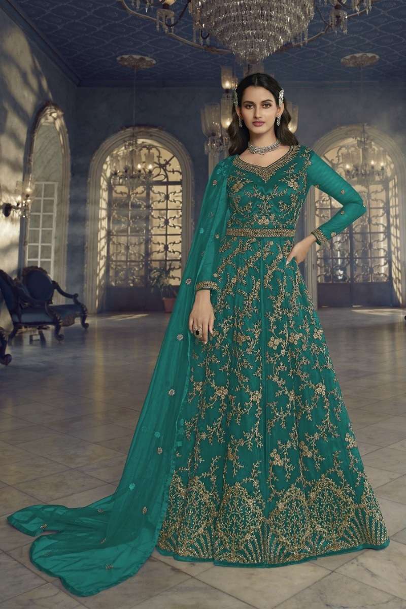 DESIGNER FANCY LONG GREEN ANARKALI GOWN SALWAR SUIT FOR WEDDING PARTY WEAR IN BUTTERFLY NET FABRIC KTH SWAGAT 5407C