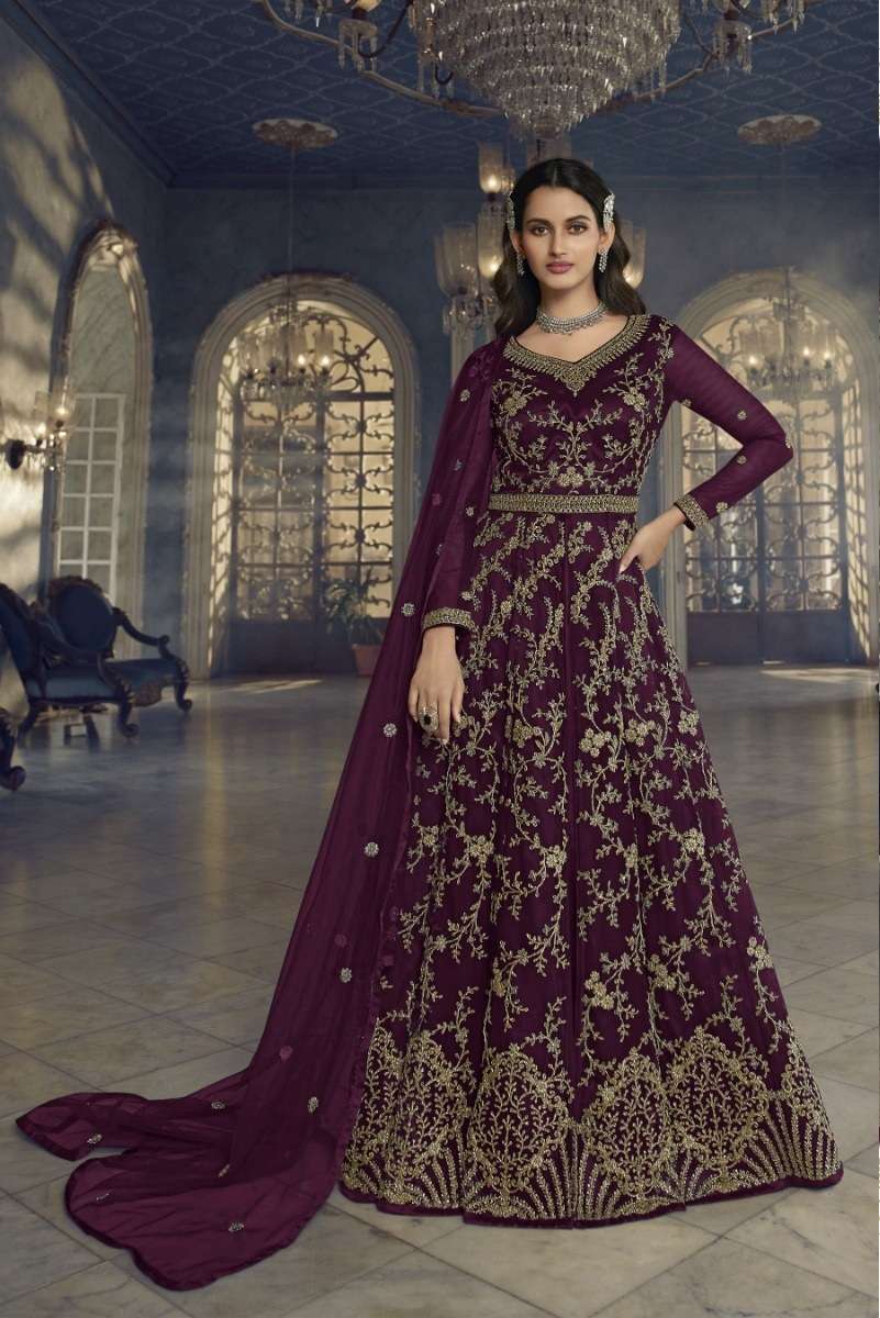 DESIGNER FANCY LONG MAROON ANARKALI GOWN SALWAR SUIT FOR WEDDING PARTY WEAR IN BUTTERFLY NET FABRIC KTH SWAGAT 5407B