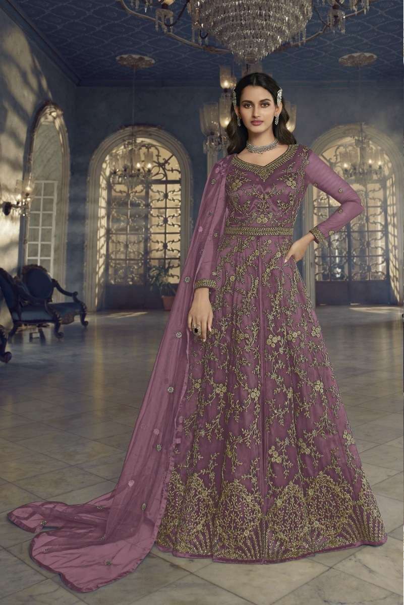 DESIGNER FANCY LONG PINK ANARKALI GOWN SALWAR SUIT FOR WEDDING PARTY WEAR IN BUTTERFLY NET FABRIC KTH SWAGAT 5407D