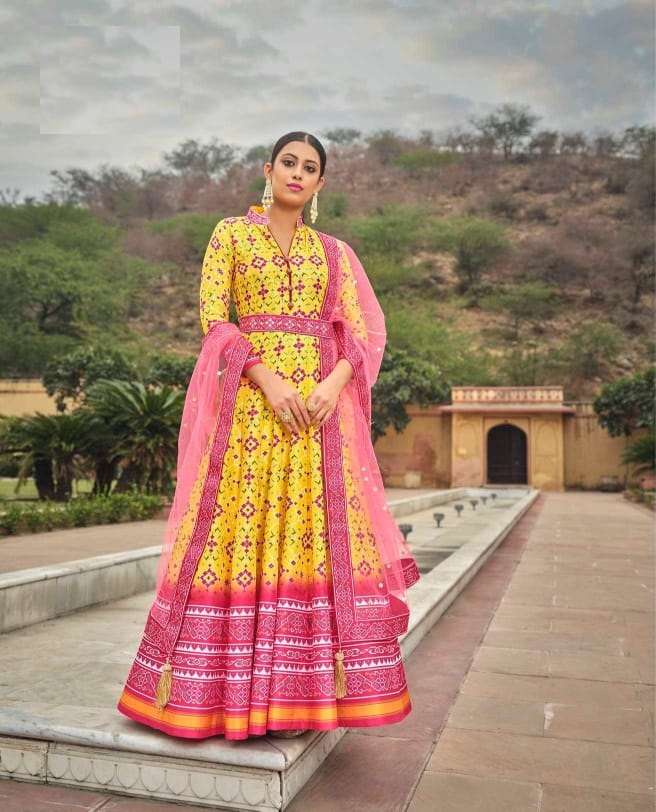 DESIGNER FANCY LONG YELLOW SILK ANARKALI GOWN SUIT FOR WEDDING PARTY WEAR DST VIRASAT 9005