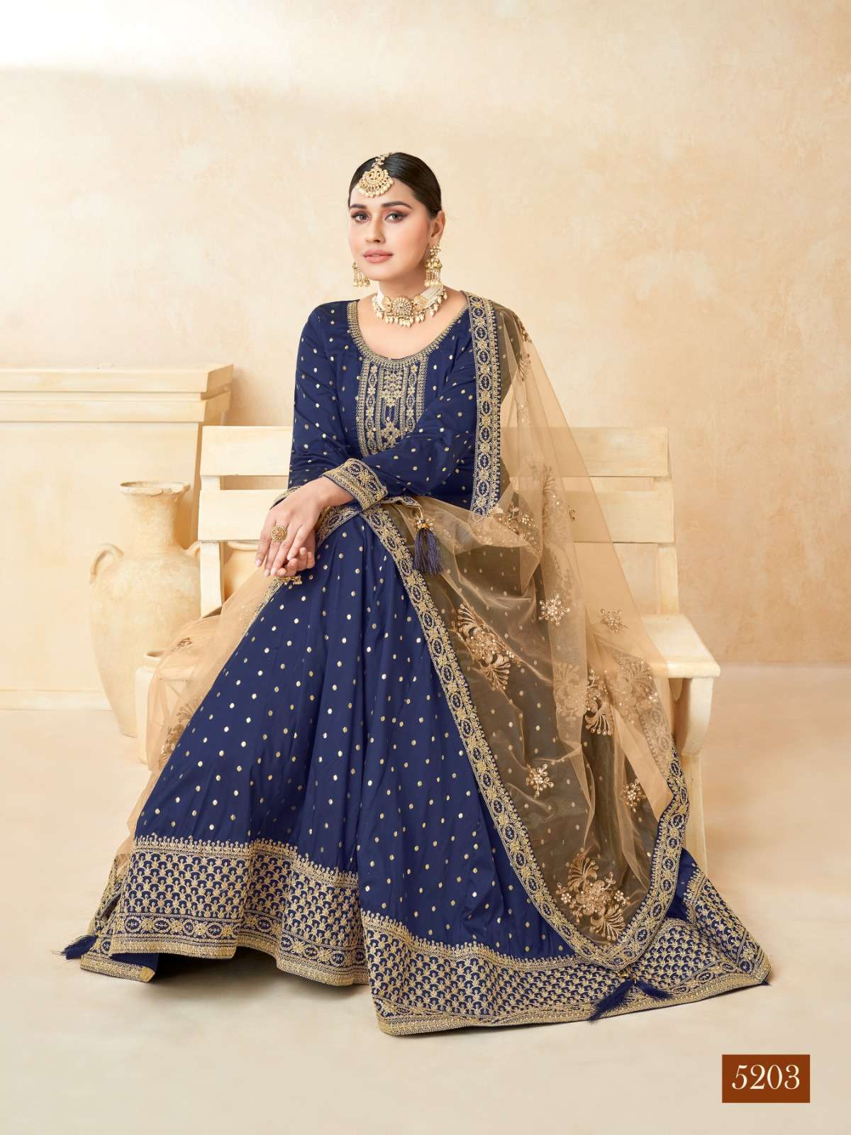 DESIGNER FANCY PARTY WEAR BLUE LONG ANARKALI SALWAR SUIT IN TAFFETA SILK ANY 5203