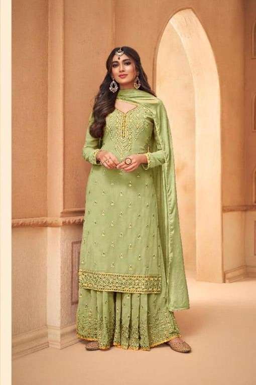 DESIGNER FANCY PARTY WEAR GEORGETTE PISTA GREEN SHARARA SALWAR SUIT JG MOHINI GLAMOUR 95001B