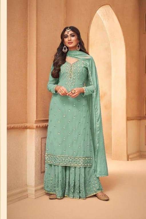 DESIGNER FANCY PARTY WEAR GEORGETTE SKY GREEN SHARARA SALWAR SUIT JG MOHINI GLAMOUR 95001D