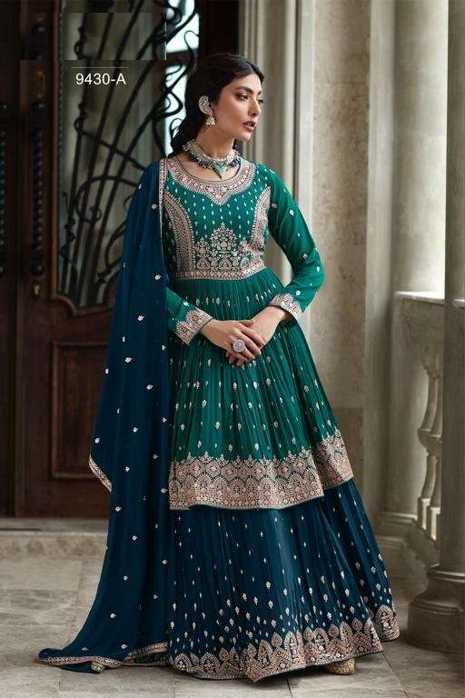 DESIGNER FANCY PARTY WEAR GREEN B;UE SHARARA PALAZZO GEORGETTE SALWAR SUIT JG RADHIKA 9430A