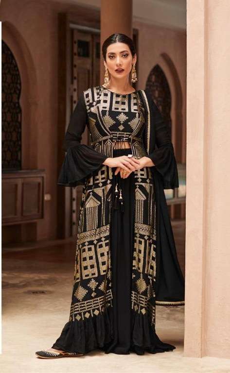 DESIGNER FANCY PARTY WEAR LONG BLACK ANARKALI SALWAR SUIT IN GEORGETTE RH ZARA 9441A