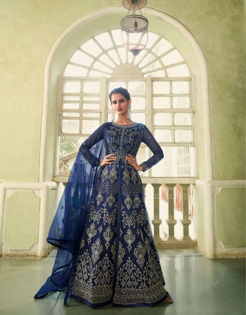 DESIGNER FANCY PARTY WEAR LONG BLUE ANARKALI GOWN STYLE PREMIUM NET SALWAR SUIT SM SWAGAT 5602