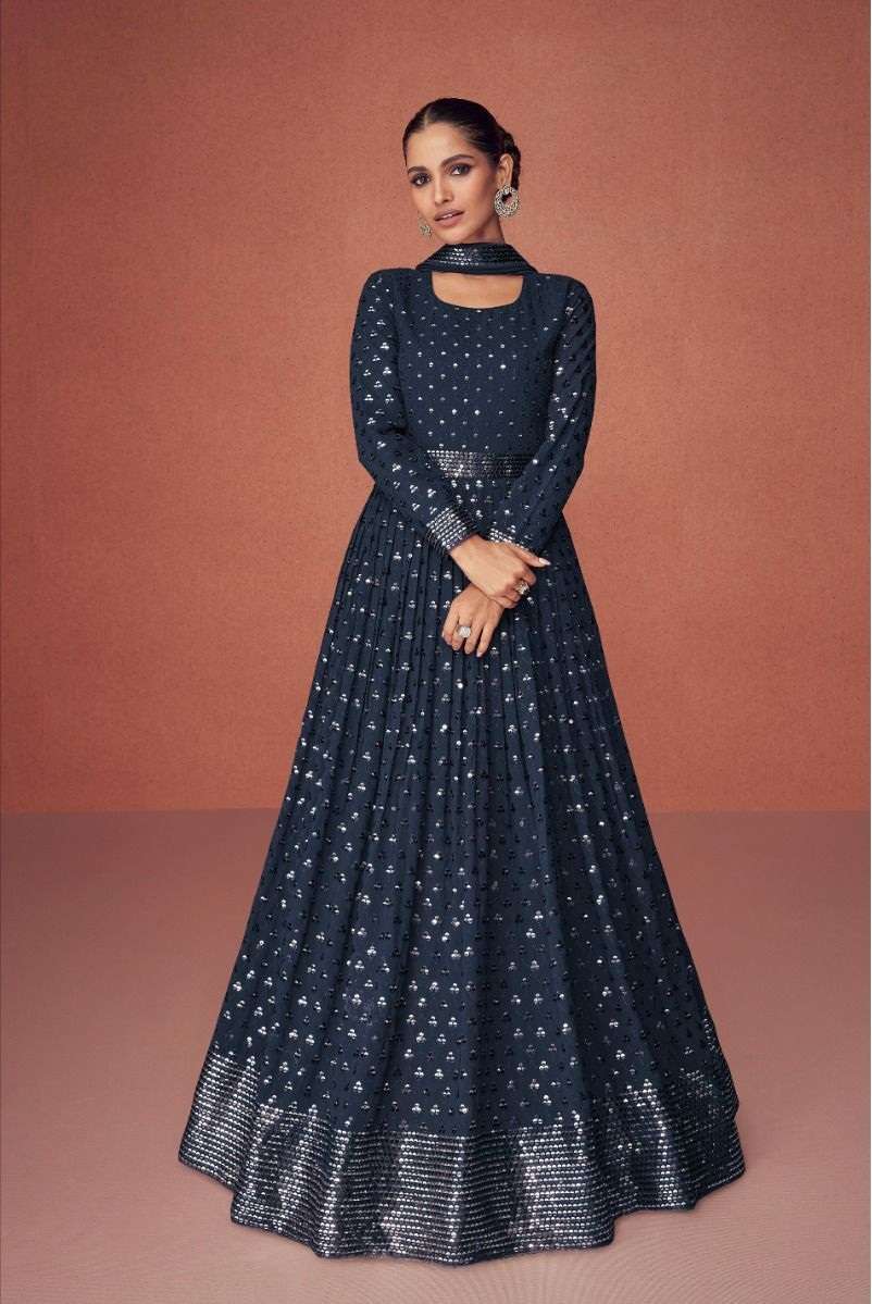 DESIGNER FANCY PARTY WEAR LONG BLUE ANARKALI SALWAR SUIT IN GEORGETTE AF DIAMOND 9497