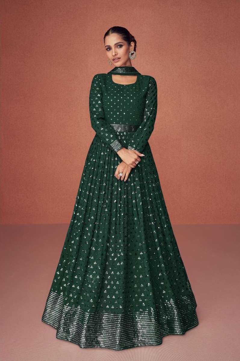 DESIGNER FANCY PARTY WEAR LONG GREEN ANARKALI SALWAR SUIT IN GEORGETTE AF DIAMOND 9498