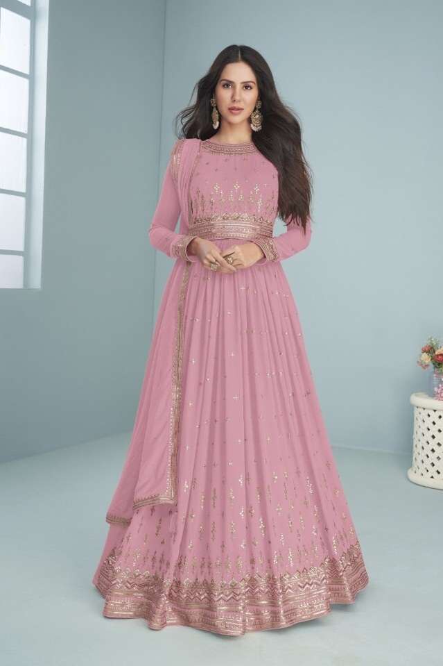 DESIGNER FANCY PARTY WEAR LONG LIGHT PINK ANARKALI SALWAR SUIT IN GEORGETTE RH JG AF 9392E