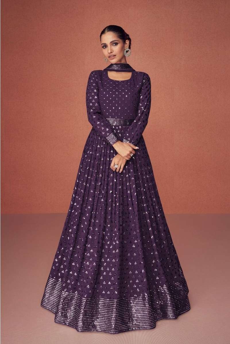 DESIGNER FANCY PARTY WEAR LONG PURPLE WINE ANARKALI SALWAR SUIT IN GEORGETTE AF DIAMOND 9496