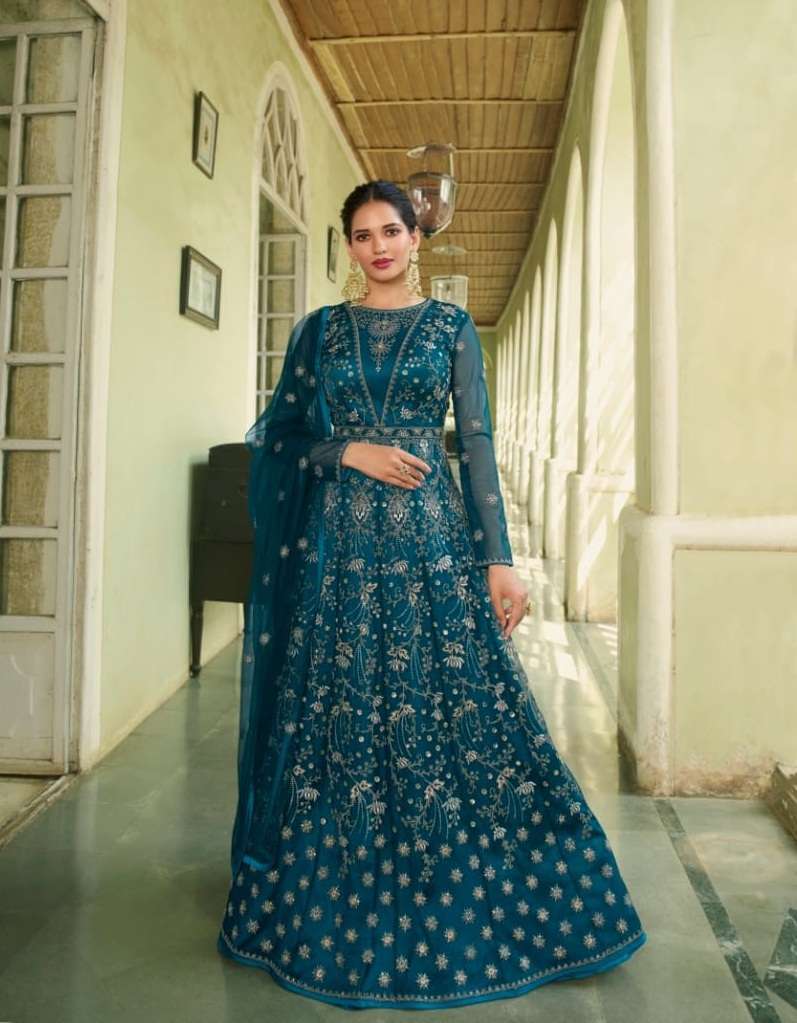 DESIGNER FANCY PARTY WEAR LONG RAMA BLUE ANARKALI GOWN STYLE PREMIUM NET SALWAR SUIT SM SWAGAT 5605