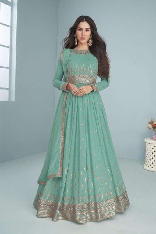 DESIGNER FANCY PARTY WEAR LONG RAMA BLUE ANARKALI SALWAR SUIT IN GEORGETTE RH JG AF 9392B