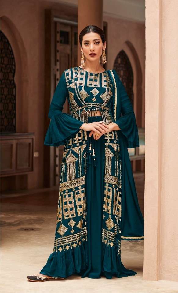 DESIGNER FANCY PARTY WEAR LONG RAMA BLUE ANARKALI SALWAR SUIT IN GEORGETTE RH ZARA 9441E