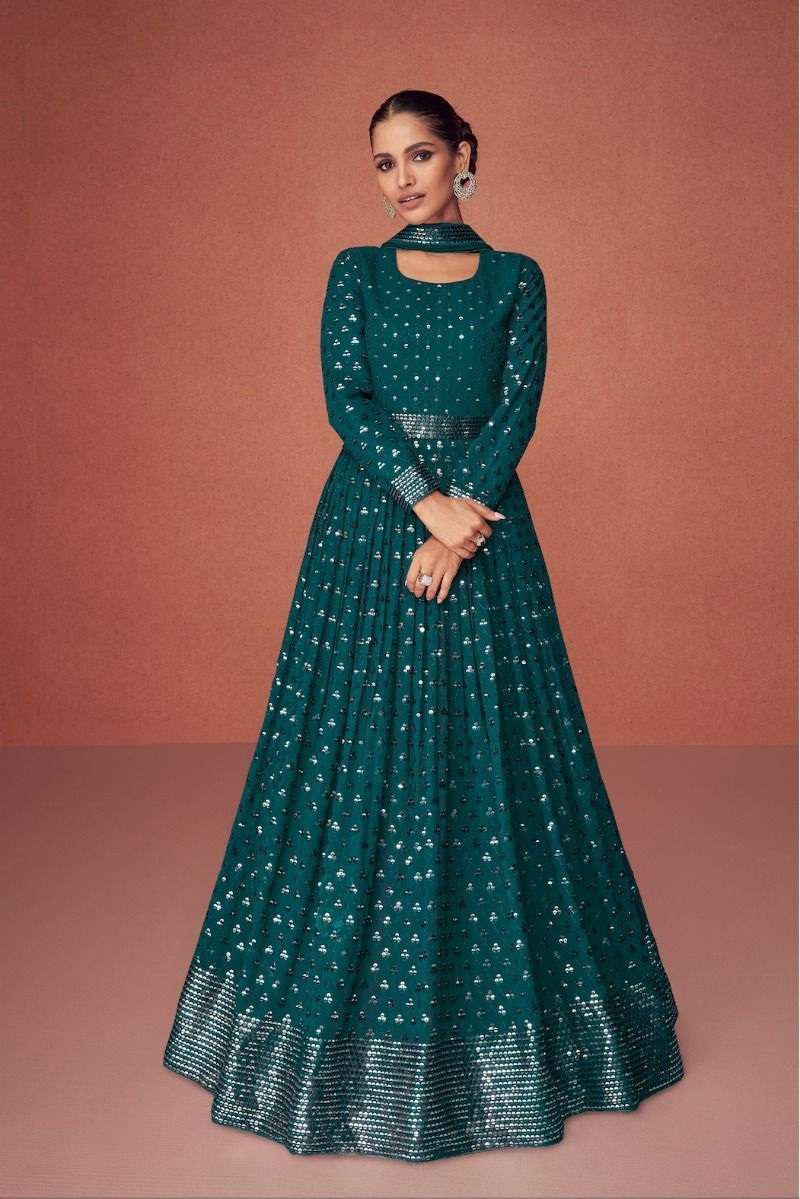 DESIGNER FANCY PARTY WEAR LONG RAMA GREEN ANARKALI SALWAR SUIT IN GEORGETTE AF DIAMOND 9495