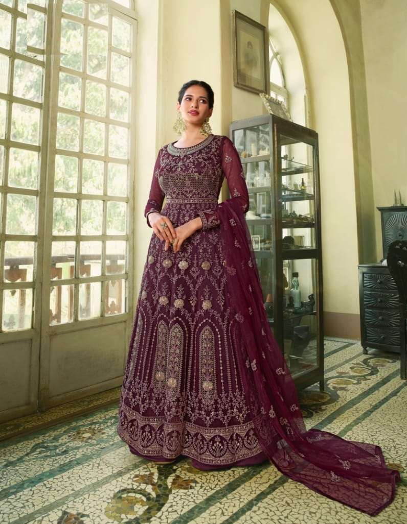 DESIGNER FANCY PARTY WEAR LONG WINE ANARKALI GOWN STYLE PREMIUM NET SALWAR SUIT SM SWAGAT 5604