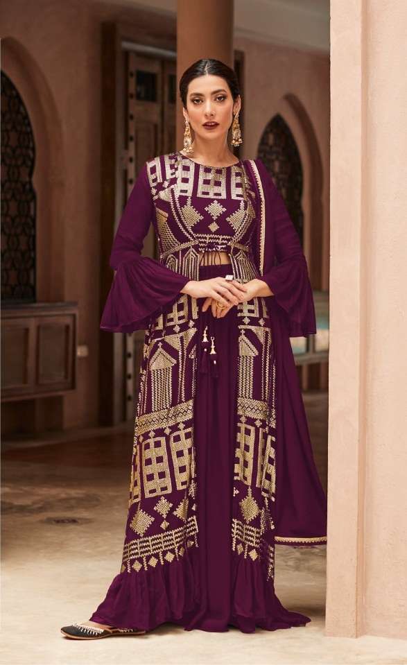 DESIGNER FANCY PARTY WEAR LONG WINE ANARKALI SALWAR SUIT IN GEORGETTE RH ZARA 9441B