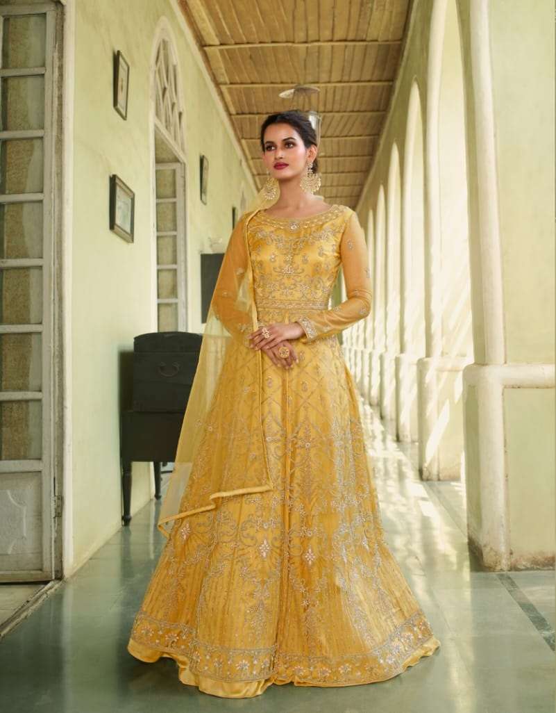 DESIGNER FANCY PARTY WEAR LONG YELLOW ANARKALI GOWN STYLE PREMIUM NET SALWAR SUIT SM SWAGAT 5601