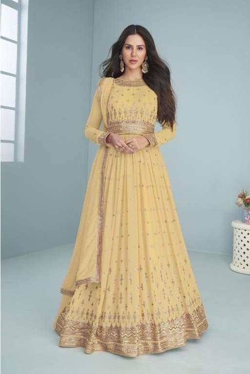 DESIGNER FANCY PARTY WEAR LONG YELLOW ANARKALI SALWAR SUIT IN GEORGETTE RH JG AF 9392D